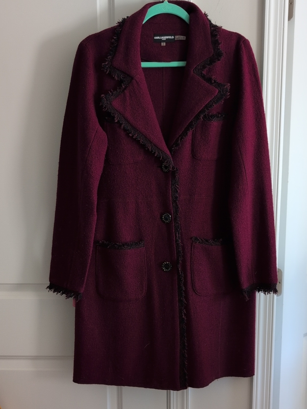 Karl Lagerfeld Burgundy Fringe-Trim Long Trench Coat